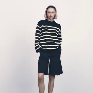 NEW! ZARA Women’s Sweater Black Beige Stripe Crew Neck Long Sleeve Nautical Sz S